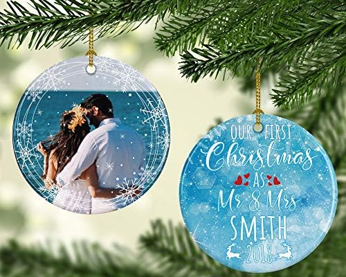 Ransalex First Christmas as Mr & Mrs 2018 Married Ceramic Ornament Double Sided Custom Personalized Photo Picture Saying 2 Designs in 1 Disc Round