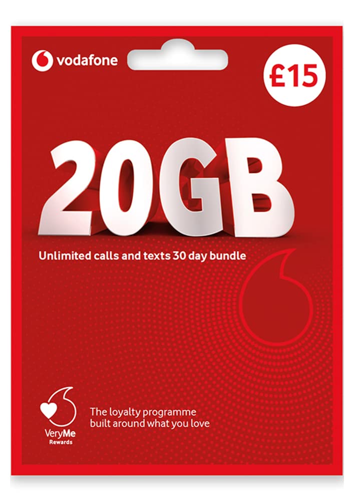 Vodafone SIM Card UK PREPAID PAYG £15 Bundle -20GB + Unlimited Mins & Texts
