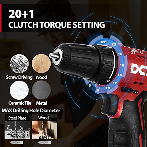 DCK Brushless Cordless Drill Set, 12V Cordless Drill with 2.0Ah Battery and Charger, 3/8’’ Keyless Chuck, 2 Variable Speeds, 20+1 Torque Power Tool Kit for Screw Wood/Ceramic/Tile/Metal (KDJZ23-10)