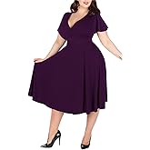 Nemidor Women Plus Size Summer Dress Casual Midi Pocket | Stretch knit, v neck, vintage short sleeve, size 14&ndash;26 plus, swing, cocktail, wedding guest, bridesmaid, funeral, graduation