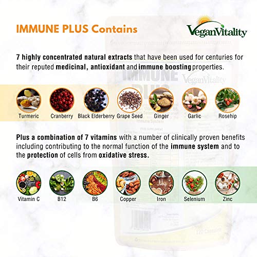 Immun Plus - Vitamine immunsystem stärken mit 14 Vitamine & natürliche Extrakte - enthaltene Vitamin C, Zink, Kurkuma, Selen, Ingwer, Cranberry, Holunder, Knoblauch, Vitamin B12 & Vitamin B6