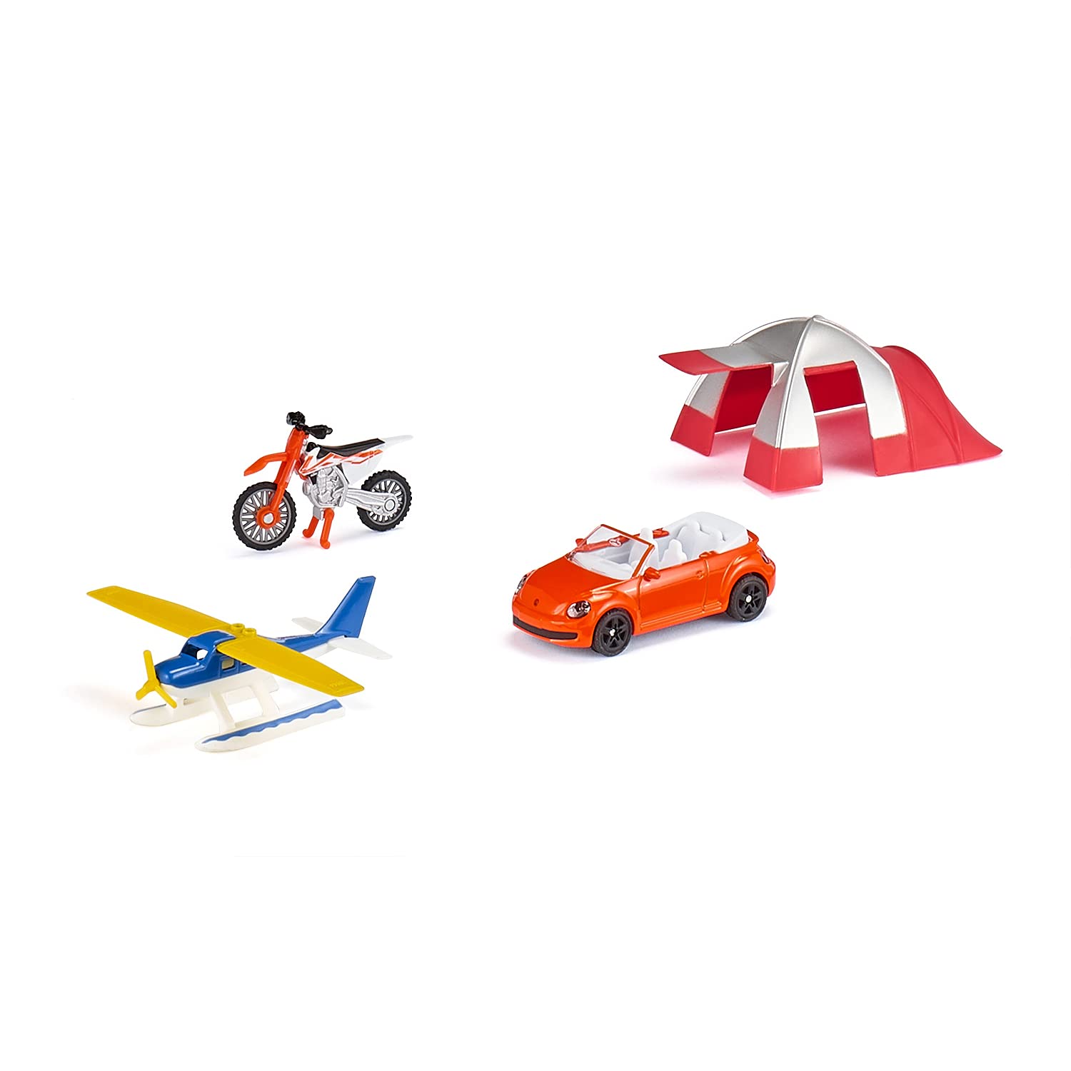 siku 6325, Recreation Set, Incl. Convertible, Motocross Bike, Seaplane and Tent, Metal,Plastic, Multicolour