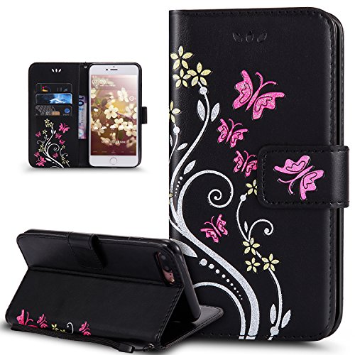 iPhone 7 Plus Case,iPhone 7 Plus Cover,ikasus Colorful Painted Embossing Butterfly Flower Premium PU Leather Flip Wallet Stand Credit Card ID Holders Protective Case Cover for iPhone 7 Plus 5.5",Black