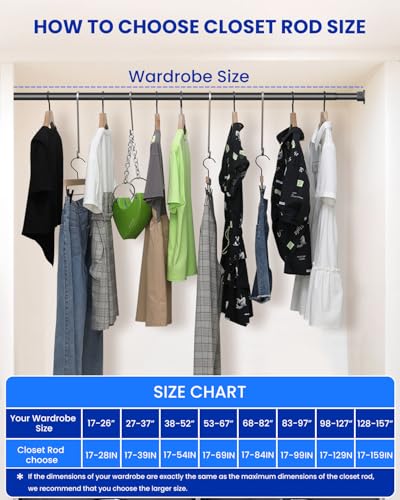 Supforce Closet Rods for Hanging Clothes, 17 to 84 Inches Stepless Adjustable Metal Closet Rod, 1.3 Inches Heavy Duty Clothes Hanging Rod for Closet Wardrobes Laundry RV, Black