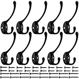 IBosins 10 Pack Heavy Duty Dual Coat Hooks Wall Mounted with 40 Screws Retro Double Hooks Utility Black No Rust Hooks for Coat, Scarf, Bag, Towel, Key, Cap, Cup, Hat (Black)