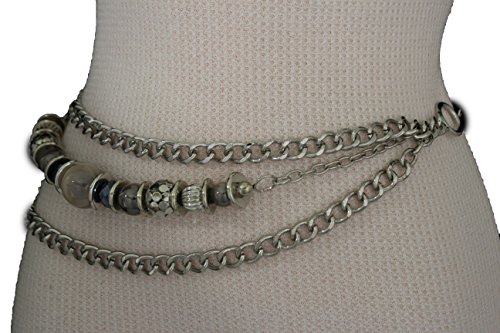 TFJ Women Fashion Belt Side Hip Waist Big Beads Chunky Metal Chain Links Silver S M L