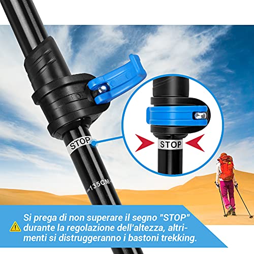 Glymnis Trekking Poles 3 Sections Adjustable Length 65-135 cm Aluminium 7075 with Quick Lock System and Cork Handle for Hiking Blue
