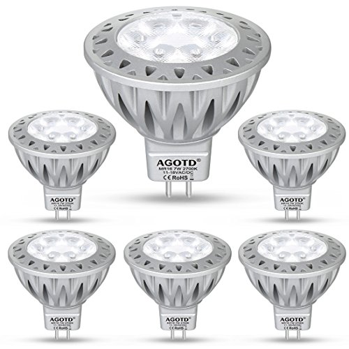 AGOTD 12V MR16 LED Bulbs GU5.3 Base 50W Halogen Spot Light Equivalent 7W 2700K Soft White 560LM 38 Degree Beam Angle Recessed Lighting Pack of 6