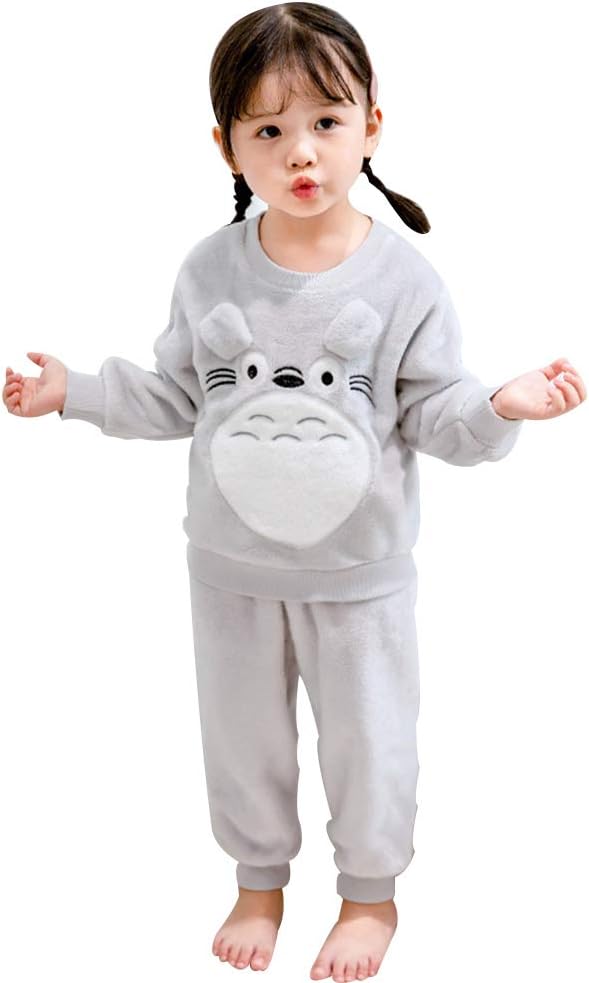 Unisex Baby/Kids Totoro Long Sleeve Flannel Winter Warm Pajamas Set Thick Hot Evening Wear Gray