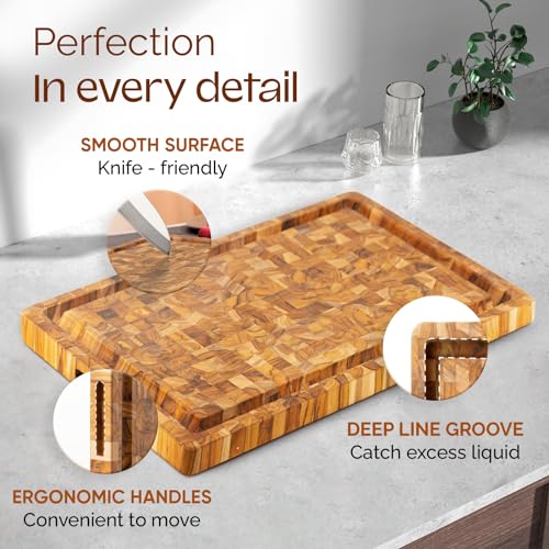 YES4ALL MEDIUM END GRAIN TEAK CUTTING BOARD FOR KITCHEN, 17”L X 13”W X 1.5” THICK, DURABLE WOOD WITH JUICE GROOVES, PRE-OILED, EASY GRIP HANDLES, ESSENTIAL KITCHEN UTENSILS SET
