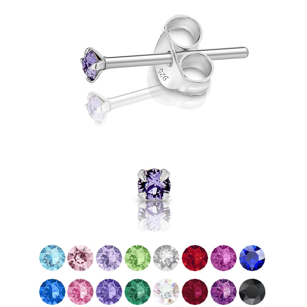 925 Sterling Silver Round Tiny Stud Earrings made with Glittering Crystals - Small Silver Studs Earrings for Woman - Diameter: 2 mm - Colour : Tanzanite