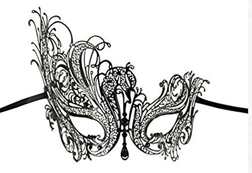 Black Swan Metal Filigree laser cut Venetian Mask with Rhinestones