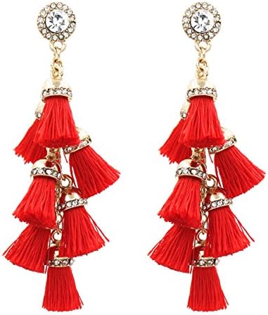 Fashion Jewelry Tassel Earrings w/Tiered Thread Multi Layered Pendant Dangle Drop Earring (Color 4-Red)