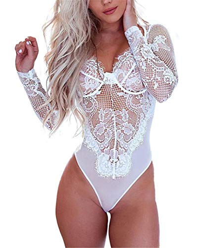gagaopt Women Sexy Teddy Lingerie V Neck Mesh Babydoll Lace Bodysuit Long Sleeve
