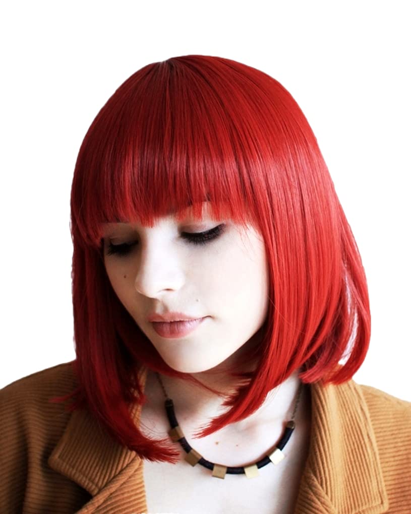 Prettyland Red Mid -length BOB Cut Short Hair Wig Straight Bangs Natural Matt for Daily Use C749 — image 1