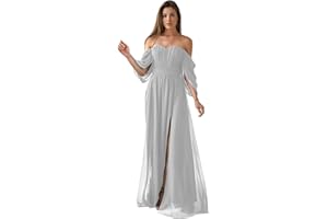 CHICBRIDAL Women's Formal Dresses Plus Size Black Bridesmaid Dresses Off The Shoulder Chiffon Wedding Guest Dresses with Slit