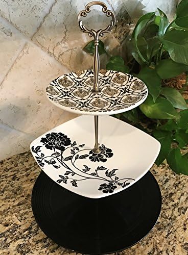 Three Tier Stand, Jewelry Stand, Vanity Stand, Cake Plate, Tray, Mismatched Plates, Cupcake Stand, Dessert, Appetizer, Tidbit, Vintage, Black and White
