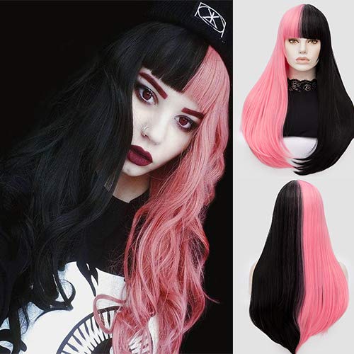 Blue Bird Synthetic Long Straight Hair For Women Fashion Half Black And Half Pink Color Wigs With Bangs Natural Wavy Wig For Girls Cosplay Party Show Buy Online In India At Desertcart