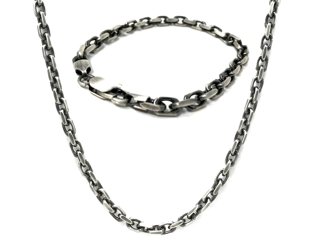 Strictly Gifts Men's Oxidised Sterling Silver Anchor Style Chunky Necklace with Matching Bracelet