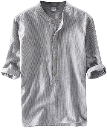 PengGengA Mens Half Sleeve Stripes Linen Shirt Casual Baggy Button Shirts