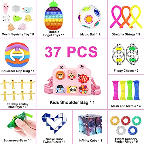 Sensory Fidget Toy Set, 37pcs Fidget Box Stress Relief Toy, Fidget Toy Pack with Bubble Infinity Cube Marble Mesh, Fidget Set with Bag for Adults Kids Autistic ADHD Toys Birthday Party Favors (Pink)