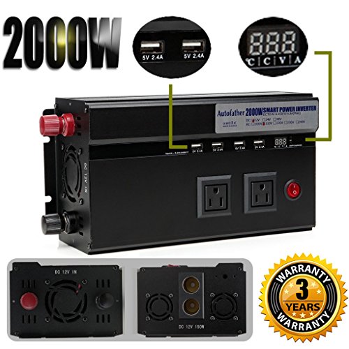 Digital Display Car Power Inverter 2000W 12V DC To 110V AC Modified Sine Wave Converter 2 AC Outlets & 4 USB Charging Ports & 2 Cigarette Socket Output - Thumbnail 7