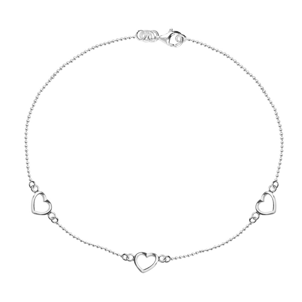 LeCalla Sterling Silver Jewelry Triple Heart Cut Out Ball Chain Anklet for Women Teen