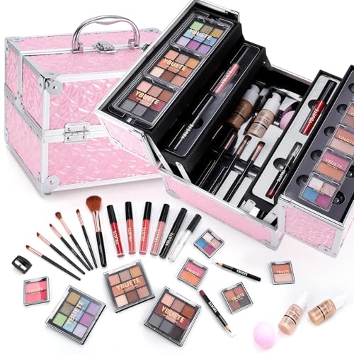 YBUETE Professional Makeup Kit for Girl Women, Full Starter Cosmetic Set with Storage Case, Reusable Full Cosmetic Train Case Included Foundation Eyeshadow Blush Lipstick Lip Liner Mascara Eyeliner