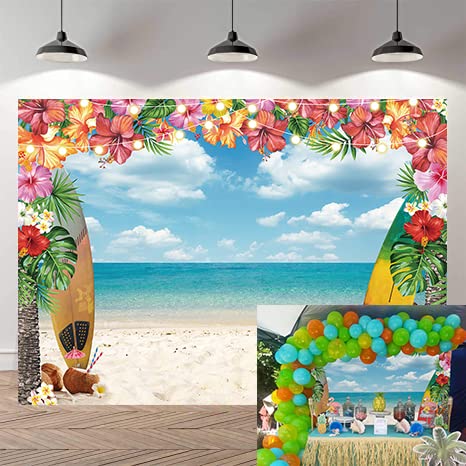 Summer Hawaii Beach Party Backdrop Aloha Party photo background Tropical Flowers Palm Trees Blue Sky Ocean Decor Banner Baby Shower Supplies (8X6FT)