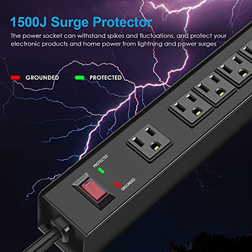 HHSOET Metal Wall Mountable Surge Protector Power Strip 1500 Joules, 6