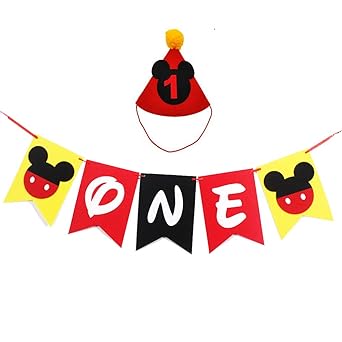Amazon ミッキーマウス 初めての誕生日パーティー用品 ハンドメイド フェルトガーランド 誕生日ハイチェアバナー パーティーハット付き 赤ちゃん 男の子 シャワー テーマ パーティーデコレーション パーティーグッズ Generic