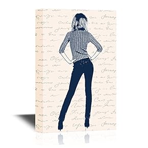 Canvas Wall Art - Back View of a Woman with Sexy Pose Hands on Her Hips on Vintage Letter Script Background - Gallery Wrap Modern Home Art | Ready to Hang - 12x18 inches