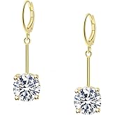 VONSSY Gemstone Drop Dangle Earrings | Platinum /Gold Plated Leverback Crystal Cubic Zirconia Hanging Red /Pink/Blue Earrings (Dia White-Gold)