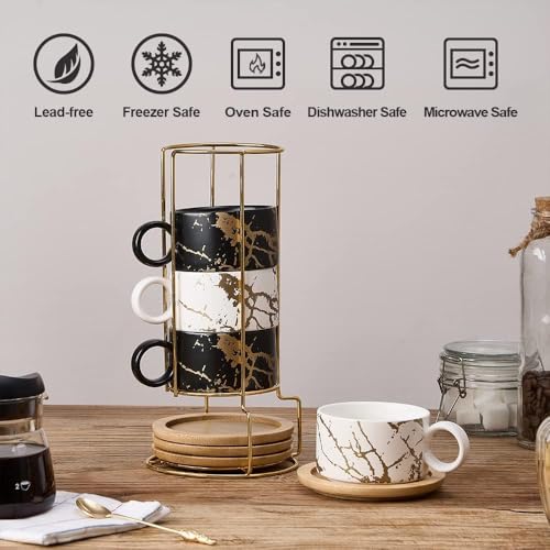 6oz Porcelain Espresso Cups with Metal Stand, 180ml Stackable Ceramic Coffee Mugs Set of 4 for Cappuccino, Latte, Mocha, Tea