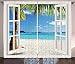 Ambesonne Turquoise Curtains, Exotic Palm Trees on Island Ocean Summer Beach Through Wooden Windows View, Living Room Bedroom Window Drapes 2 Panel Set, 108
