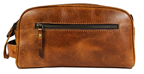 10" Premium Leather Toiletry Travel Pouch With Waterproof Lining | King-Size Handcrafted Vintage Dopp Kit By Aaron Leather Goods (Caramel - Dual Zipper)