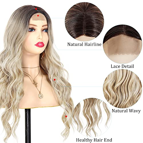 POPTAIYU Long Ombre Blonde Wavy Lace Front Wigs for Women with Dark Roots Synthetic Curly Natural Wavy Heat Resistant Hair for Daily Party Use (Ombre Blonde,26inch)