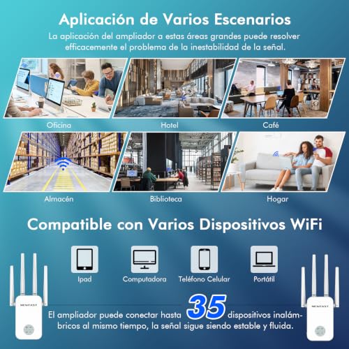 NEWFAST WiFi Signal Amplifier, AC1200 Dual Band WiFi Repeater (White) | 5GHz and 2.4GHz Wi-Fi Extender with WPS Button, Ethernet Port, 4 Antenna, Smart Display, for Home/Office