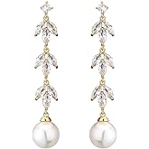 14K Gold Natural Crystal Pearl Dangle Earrings for Women, Simple Leaf Long Dangle Earrings, Fashion Christmas Jewelry Gift