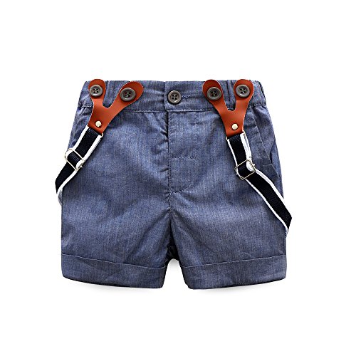 Baby Boy Shirt and Tie Sets Long Sleeve Woven Top+ Bowknot+ Shorts with Suspender Straps Outfits (18-24month, Pink) - Thumbnail 2
