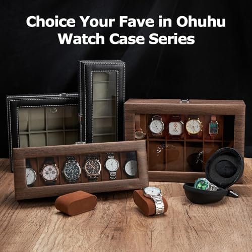 Ohuhu Watch Cases for Men Watch Box 6-Slot PU Leather Real Glass Lid Jewelry Organizer Storage Soft Velvet Watch Holder Display Case for Women Birthday Fathers Day Valentine's Day Gifts