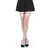 Zelphvt Fishnet White Thigh High Stockings, 1 Pairs Women Fishnet Stockings Bow Suspenders Over Knee Socks for Women Floral Lace Pantyhose for Cosplay Party