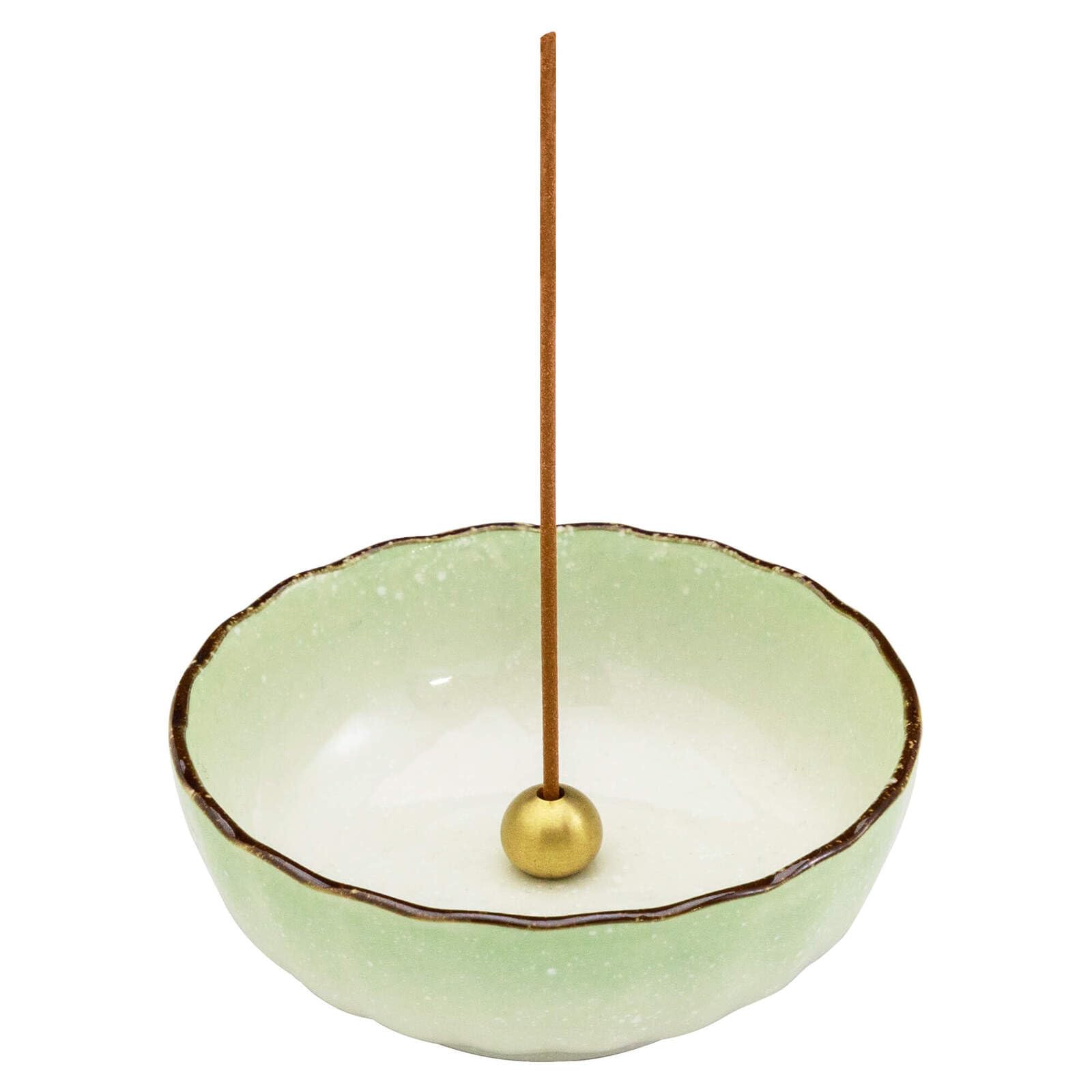 Asayu Japanese Lotus Incense Holder for Sticks 4.1 inch (105mm), Traditional Made in Japan Ceramic Ash Catcher and Brass Incense Burner Set - Green