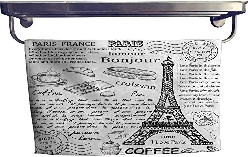 Paris Long Bathroom Accessories Set Traditional Famous Parisian Elements Bonjour Croissan Coffee Eiffel Tower Print Custom Towel Set W 12" x L 28" Black White