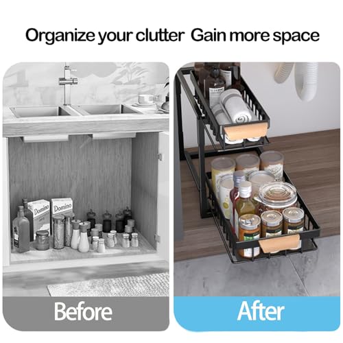 Keqin 2 Tier Under Sink Organizer,Pull Out Cabinet Shelves, Slide out Pull out Cabinet Organizer Shelf,Multi-Purpose Storage for Kitchen and Bathroom 36.5 * 27 * 37cm