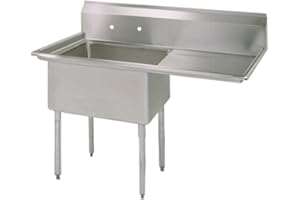 BK Resources Stainless Steel One Compartment Sink, Right Hand Drainboard, NSF, 38"W x 23-13/16"D, 9"H Backsplash, Front and Sides Rolled Edges, Steel Legs