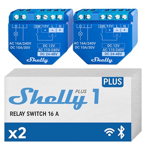Shelly Plus 1, Relé Interruptor Inteligente Wi-Fi & Bluetooth, Luces Inalámbricas, Compatible Con Alexa & Google Home, Control remoto por iOS Android App, No necesita hub (2 Piezas)