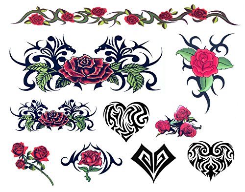 Day of the Dead Tribal Hearts & Roses Temporary Tattoos - Set of 10