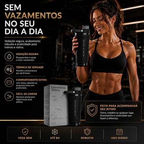 Coqueteleira Térmica ELLYM NUTRITION 600ml Com Compartimento Whey Inox Academia Profissional Shaker (Preto)