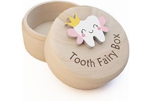 FLHRSM Tooth Fairy Tooth Holder, Tooth Fairy Gifts Box for Girls Boys, First Milk Teeth Loss Boxes, Cute Carved Wooden Box with 3D Teeth, Souvenir Dropped Tooth Keepsake Storage Encourage Present